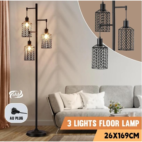 Modern Industrial Floor Lamp 3 Light Metal Cage Shades Standing Reading Light