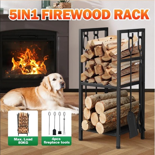 Firewood Rack Log with 4 Tools 5in1 Firewood Storage Holder Heavy Duty Steel