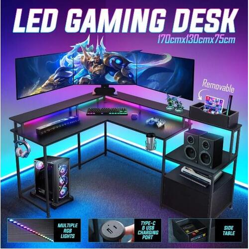 Gaming Desk L Shaped Drawer Computer Racer Standing Table LED Lights w/ Storage