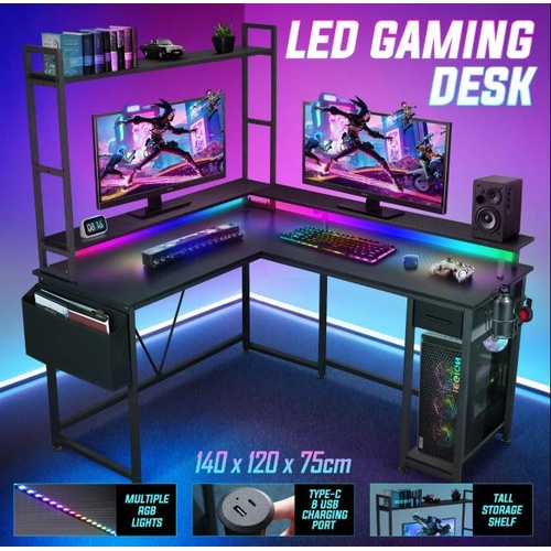 Gaming Desk L Shaped Drawer Computer Racer Standing Side Table LED Lights