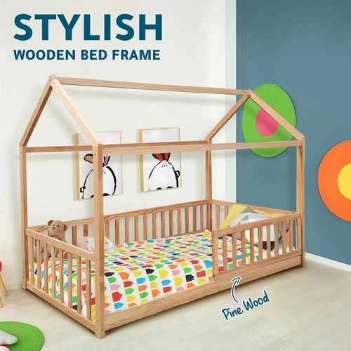 Childrens Bed Frame Single Size House Shape Floor Wooden Mattress Base Platform
