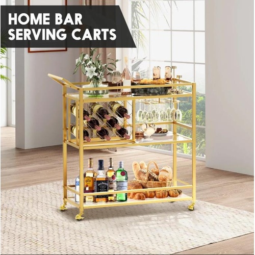 Gold Bar Cart Drinks Trolley Coffee Tea Serving Wine Rack Glass Holder Kitchen