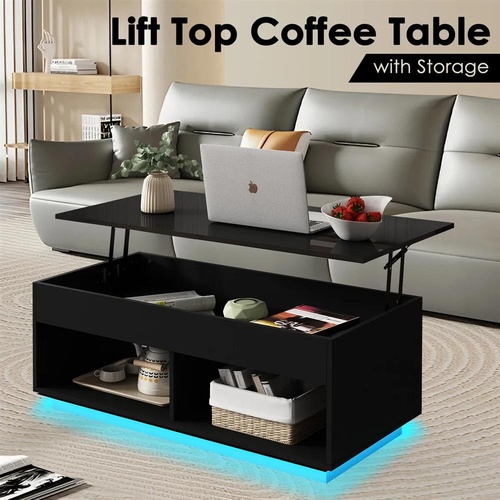 Lift Top Coffee Table Cocktail Sofa Tea Dining Desk with LED Lights Storage Work