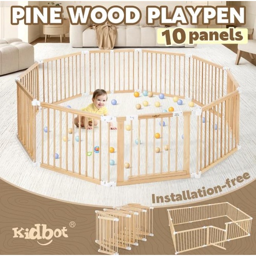 Kidbot Wooden Baby Playpen Safety Gate Kids Pet Dog Activity Centre 10 Panel
