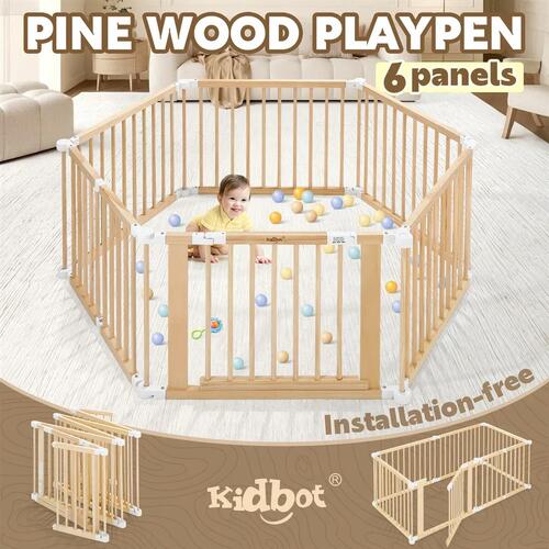 Kidbot Baby Playpen 6 Panel Kids Wooden Safety Gate Pet Dog Fence Foldable