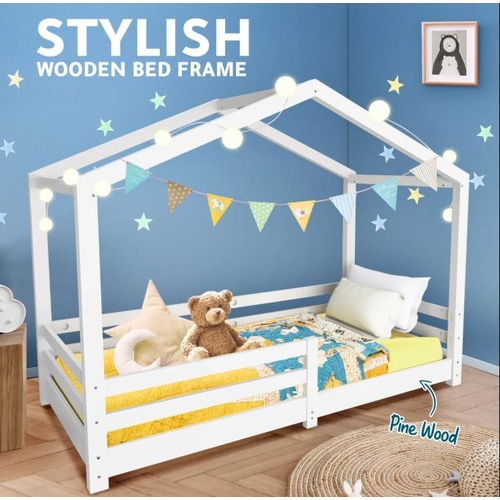 Single Size Bed Frame House Shape Childrens Mattress Base Wooden with Guard Rail