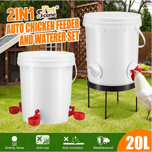 Chicken Bird Feeder Waterer Automatic Water Food Dispenser Auto Chook Hen 20L