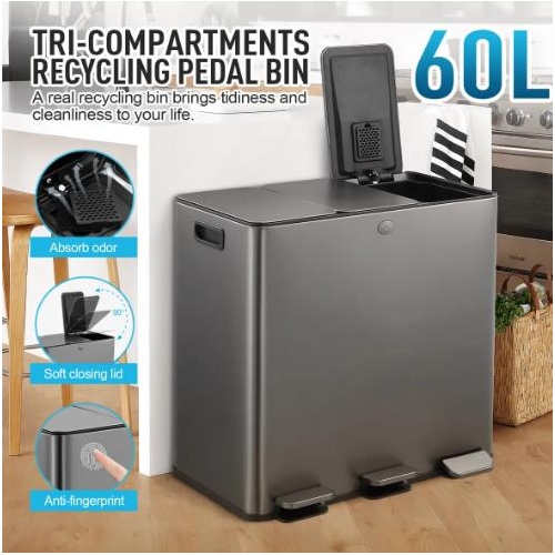60L Pedal Trash Bin Kitchen Rubbish Waste Basket Garbage Can Recycling Dustbin