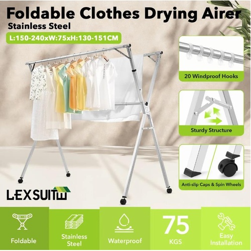 Foldable Clothes Drying Airer Stainless Steel Garment Rack Laundry with Wheels