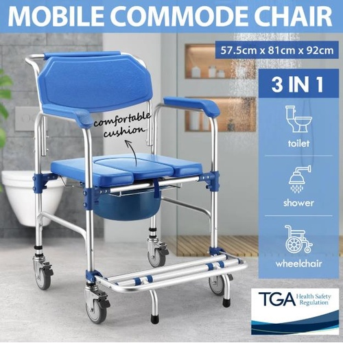 Mobile Commode Wheelchair Shower Toilet Seat Bathroom Bedside Chair w/ Footrest