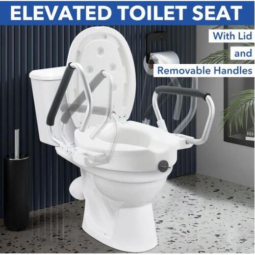Raised Toilet Seat 5 Inch Elevated Riser Assisted Living Handicap Lid Safety Arm