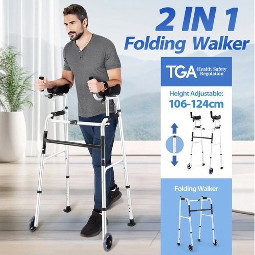 2in1 Folding Walker Medical Aid Elderly Mobility Walking Height Arm Adjustable