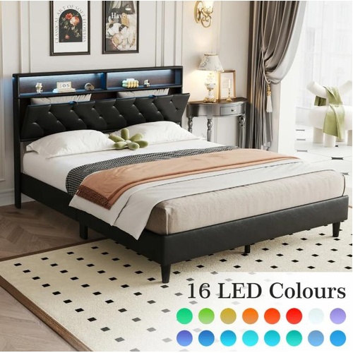 Led Bed Frame Double Size Mattress Base Platform with Storage Headboard Wooden