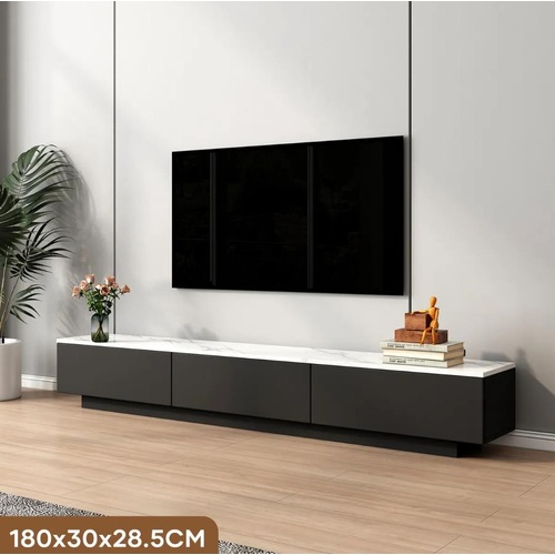 Black TV Unit Cabinet 180cm Wooden Console Table White Faux Marble Top