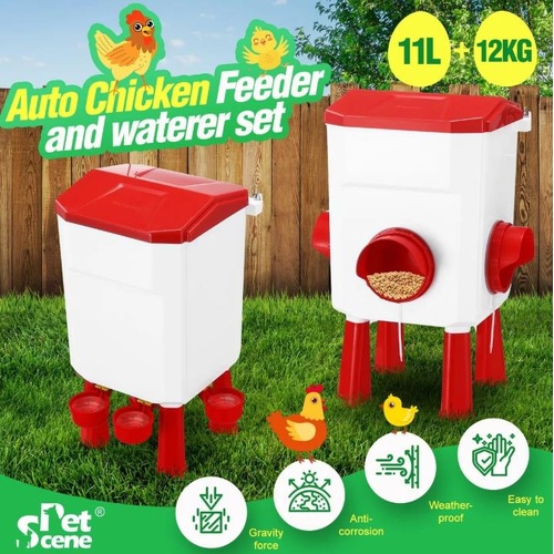Chicken Feeder Water Bird Food Treadle Poultry Waterer Set 12KG 11L Auto Coop