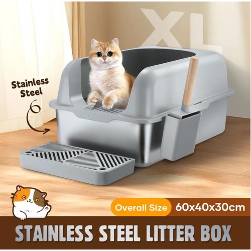 Stainless Steel Cat Litter Box XL Pet Toilet Kitty High Side Enclosure Metal Pan