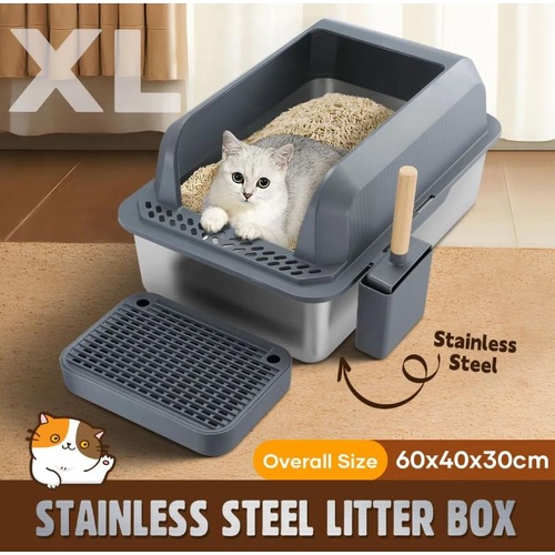 Stainless Steel Cat Litter Box XL High Enclosed Sides Pet Toilet Kitty Metal Pan
