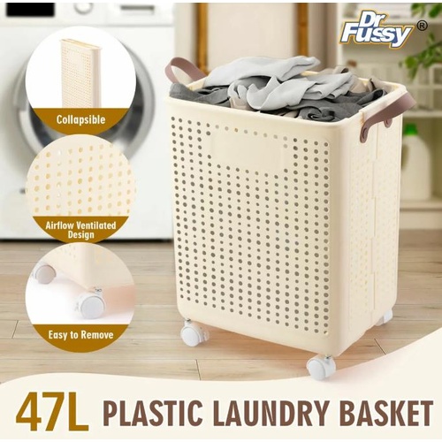 47L Laundry Basket Hamper Plastic Collapsible Clothes Foldable Washing Trolley