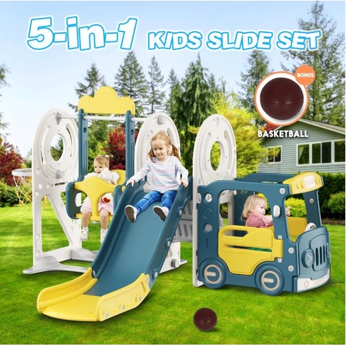 Kids Slide Swing Set Basketball Hoop Outdoor Toy Playset Bus Activity Playhouse
