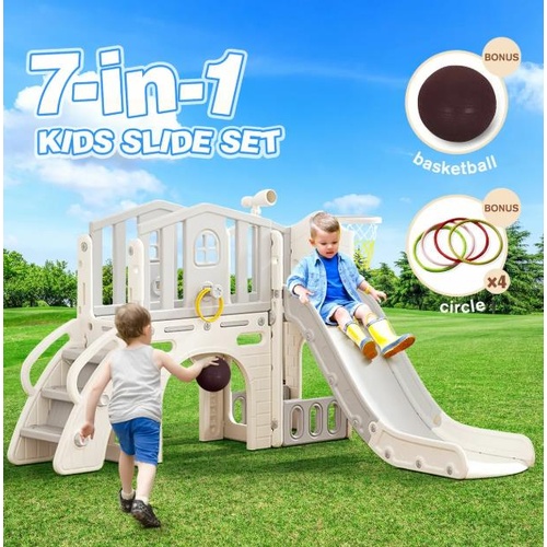 7 in 1 Kids Slide Set Ladder Steps Basketball Hoop Playground Activity Centre