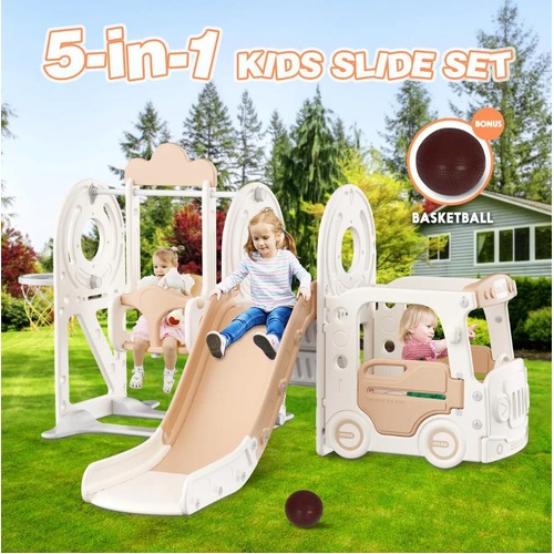 Kids Slide Swing Set Basketball Hoop Outdoor Toy Playset Bus Activity Centre