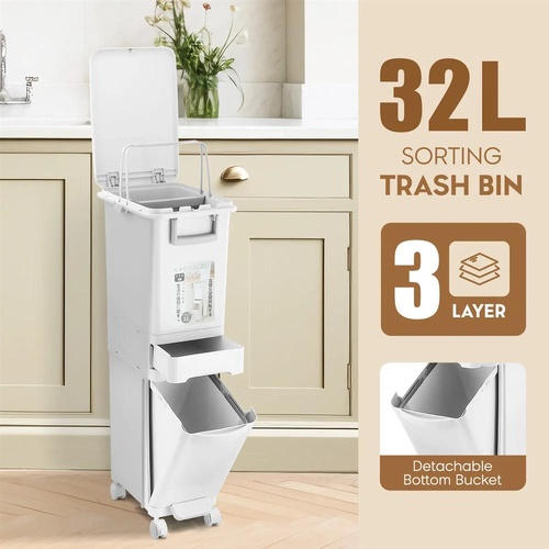 32L 3 Tiers Rubbish Bin Pedal Step Dust Recycle Garbage Kitchen Trashcan Wheels