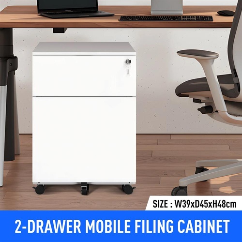 2 Drawer Steel File Cabinet White Under Desk Office Filing Rolling Storage Unit