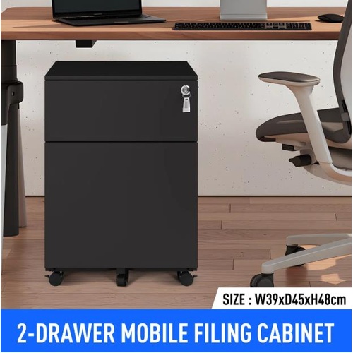 2 Drawer File Cabinet Under Desk Steel Office Filing Black Rolling Organiser