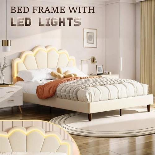 Wood Queen Bed Frame w/ LED Headboard Metal Platform Mattress Base Queensize