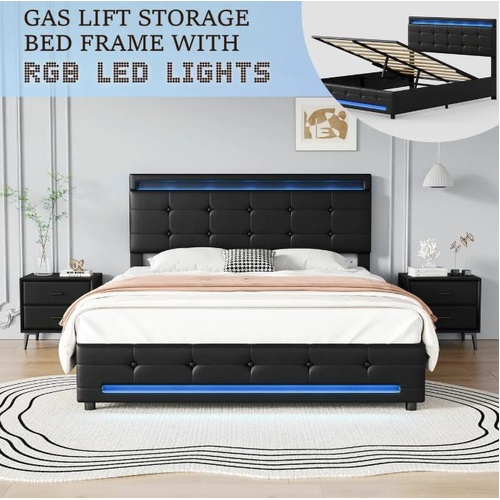 Led Gas Lift Bed Frame Double Size Wooden Mattress Base Platform Upholstered PU