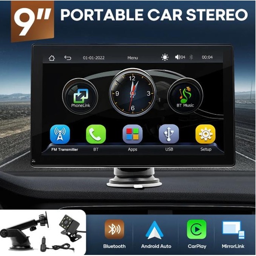 9" Portable Car Stereo Radio Camera Bluetooth Apple Carplay Android Auto MP5