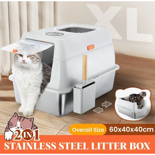 2in1 XL Cat Litter Box Enclosed Stainless Steel Semi Covered Potty Pan with Lid
