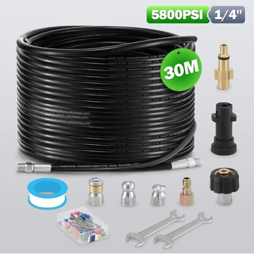 30m Sewer Jetter Kit for High Pressure Washer Blaster Drain Cleaner Hose 5800PSI