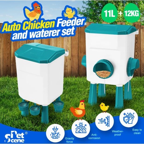 Chicken Coop Bird Feeder Waterer Set 12kg 11L Automatic Food Water Dispenser