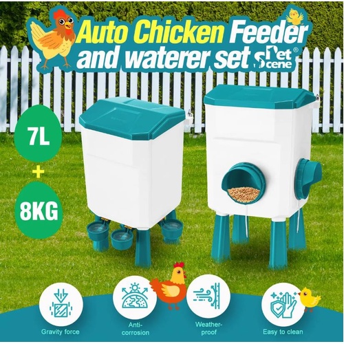 Chicken Bird Feeder Waterer Set 8KG Auto Food Dispenser 7L Drinker Automatic Hen