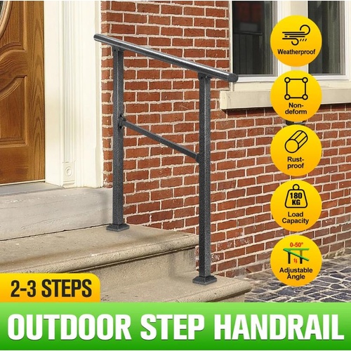 Stair Handrail Railings 2 to 3 Steps Black Metal Adjustable Safety Guard Hand Ra