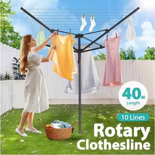 Rotary Clothesline 10 Line Laundry Washing Line Clothes Airer Drying Rack 4 Arm