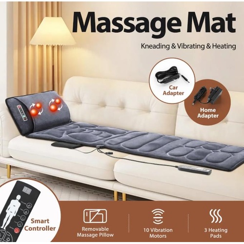 10 Vibrating Motors Massage Mat Heated Shiatsu Mattress Pad Car Seat Cushion