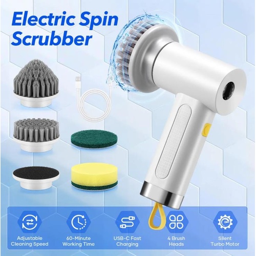 Electric Spin Scrubber Cordless Home Car Power Cleaning Brush 4 Heads Bath Tub