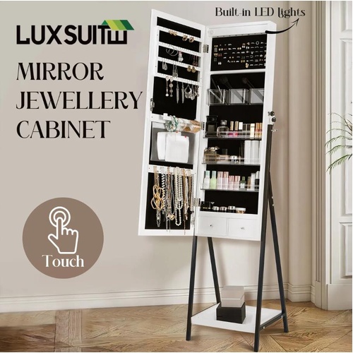 LUXSUITE LED Mirror Cabinet Jewelry Storage Shelf Organiser Lockable Floor Stand