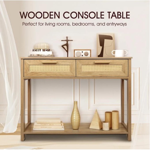 Narrow Console Table Hallway Sofa Couch Side TV Stand with Rattan Storage Drawer