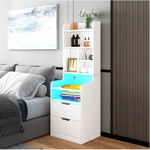 2IN1 Beside Table Bookshelf LED Nightstand 2 Drawer Cabinet Shelving Unit White