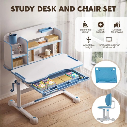 Ergonomic Children Kids Study Desk and Chair Set Height Adjustable 120cm Blue