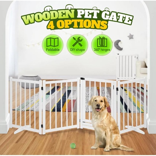 Pet Safety Gate 4 Panel Puppy Playpen Wood Enclosure Security Fence Freestanding