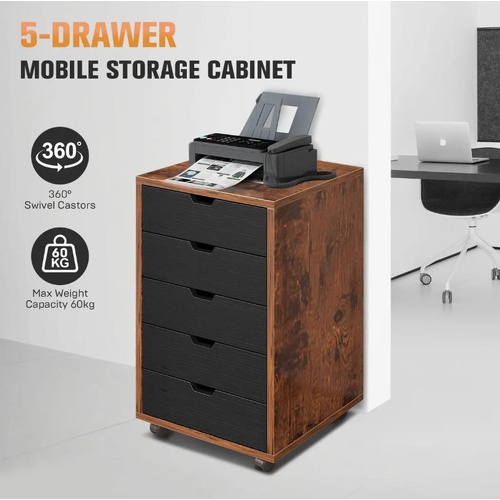 5 Drawer File Cabinet Mobile Filing Document Organiser Chest Cupboard Brown