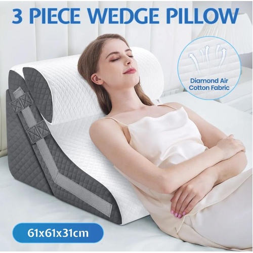Bed Wedge Pillow Set 3Pcs Triangle Cushion Memory Foam Head Back Support Adjusta