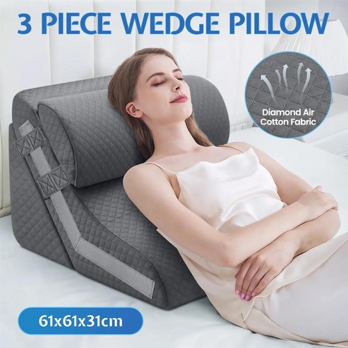RETURNs Bed Wedge Pillow Set 3Pcs Triangle Cushion Memory Foam Head Back Leg Support