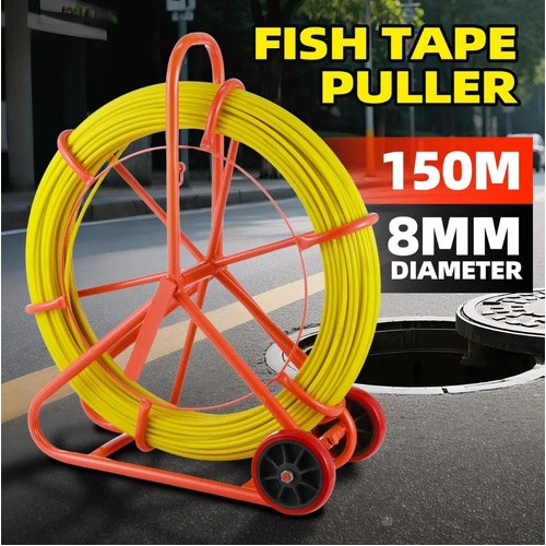Fish Tape Puller Fibreglass Wire Cable Running Rod Duct Rodder 150mx8mm Wheels