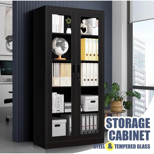 Steel Office Cabinet Filing Storage Shelf Lockable Tempered Glass Door Display