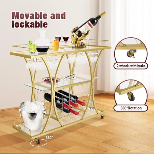 Bar Cart Wine Rack Drinks Trolley Gold Glass Holder Bar Serving Shelves Metal